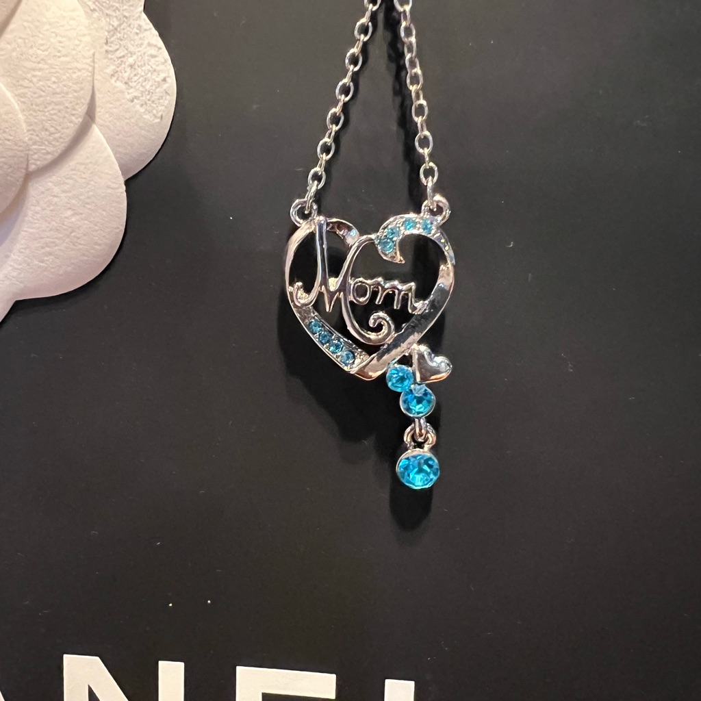 Unique Vintage Silvertone Mom Heart Necklace With Blue Accents